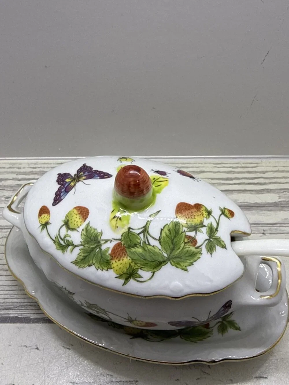 Vintage Japan Spring Time Personal Gravy /Jelly Boat / Butterflies Strawberries